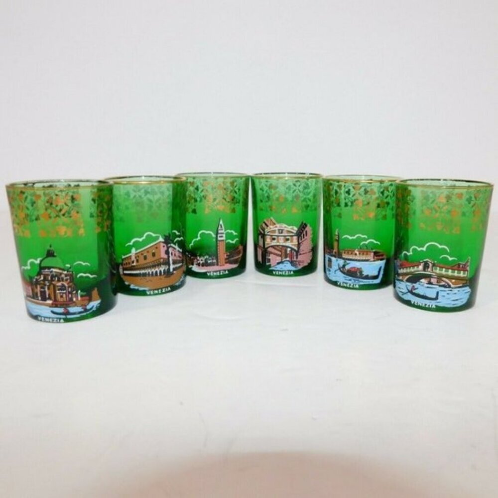 VTG Set 6 Venice Italy Scenes Green Gold landmarks Shot Glasses